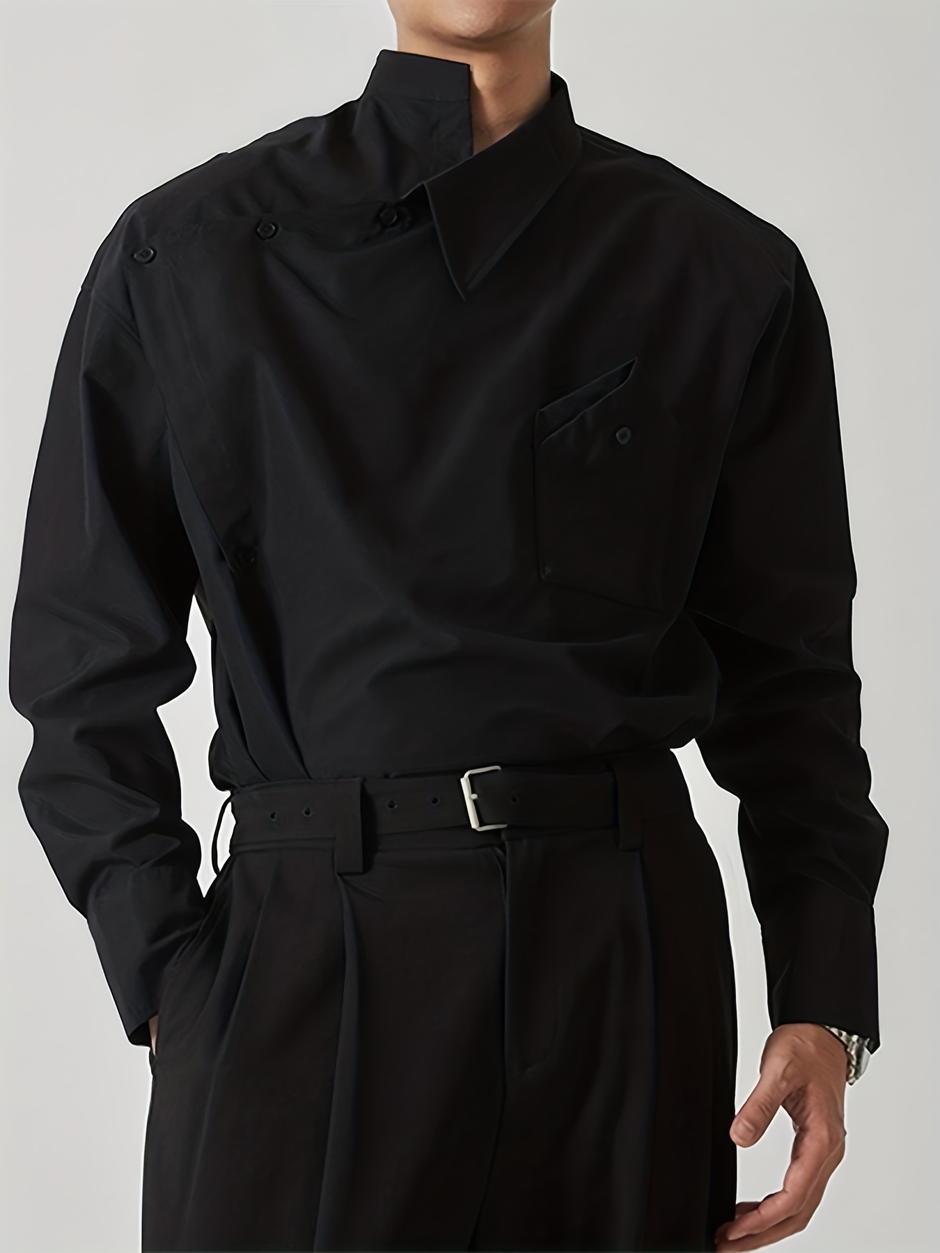 Camisa de hombre con cuello vuelto y manga larga, cierre sólido, camisa  casual para hombres, camisas de vestir diarias formales