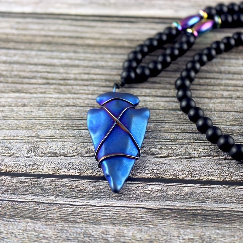 Matte Agate Round Beads Gallstone Arrow Pendant Necklace for Men