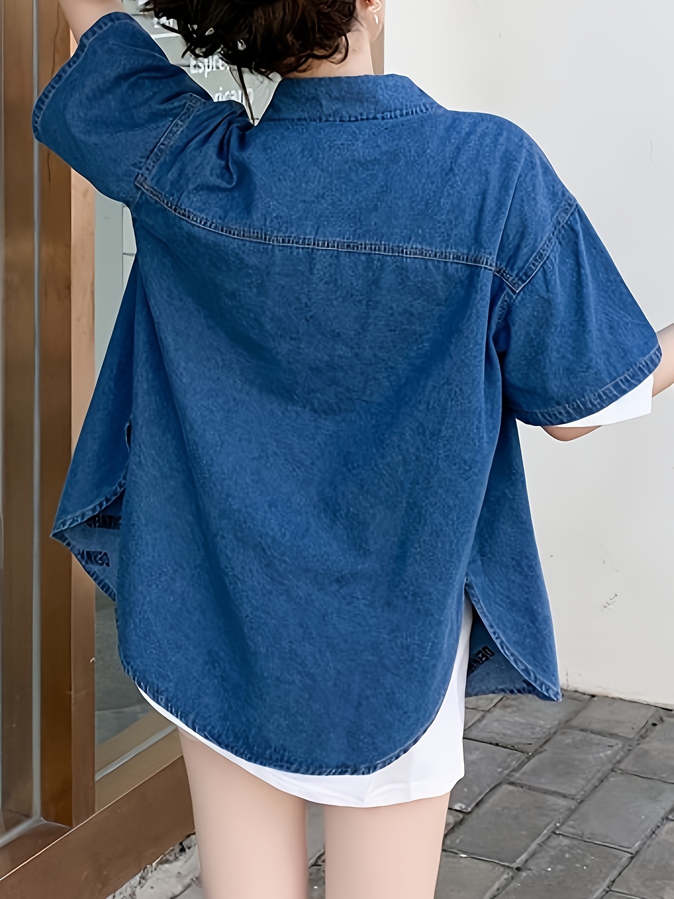 デニムブルー 半袖ボタンアップシャツ