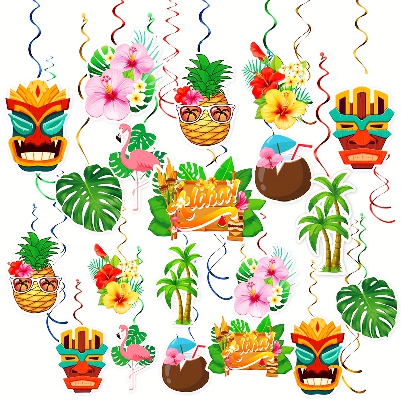 Hawaiian Luau Aloha Tropical Beach Theme Birthday Party Decorations Supplies  Includes Banner, Cake Toppers, Balloons, Hanging Swirls Set