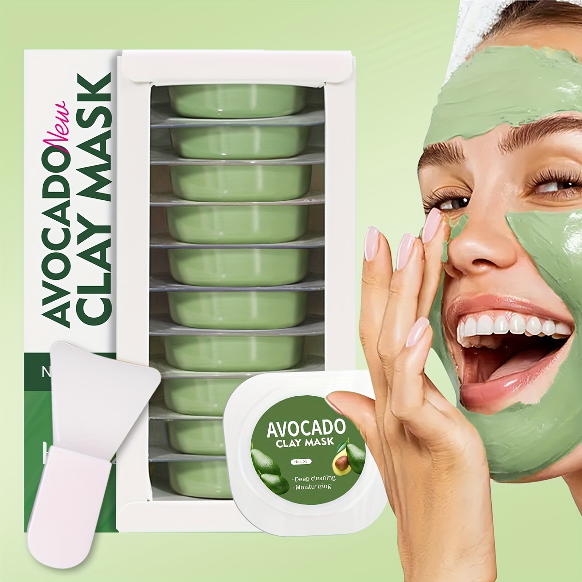 

Masque d'argile à l'avocat 10pcs*5g pour un nettoyage en profondeur, une hydratation et un rajeunissement de la peau, un essentiel de voyage