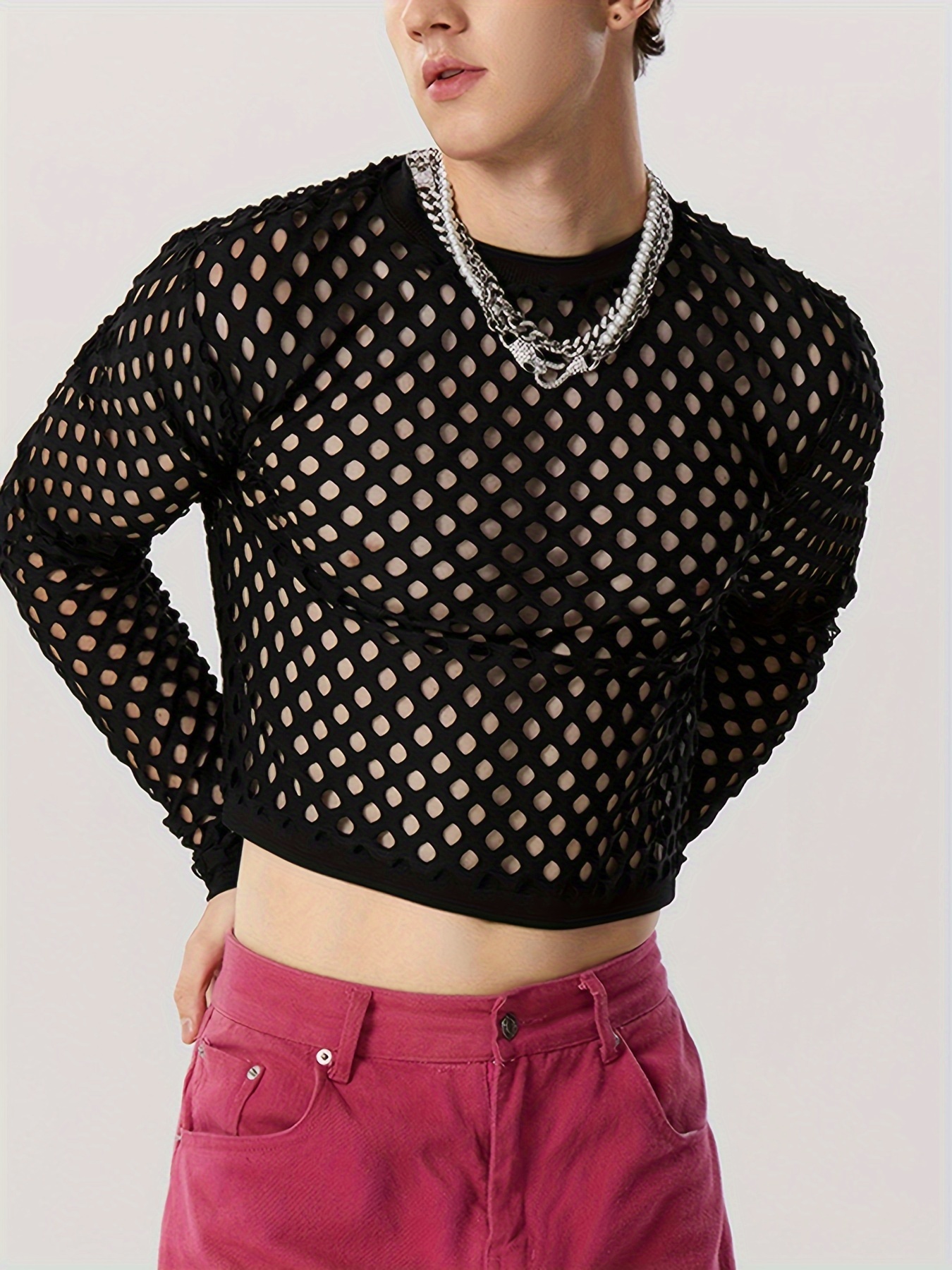 Men's Fishnet Long Sleeve Hollow Slim Fit Tops Party Sexy - Temu