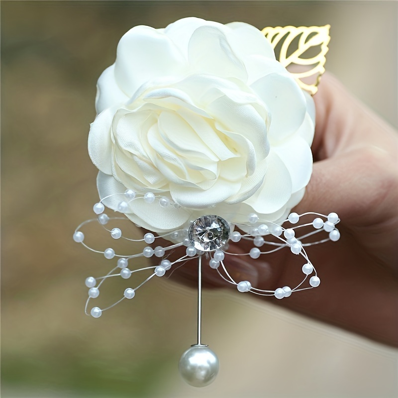 Artificial Gold Leaf Pearl Bead Bridesmaid Brooch Pin With White