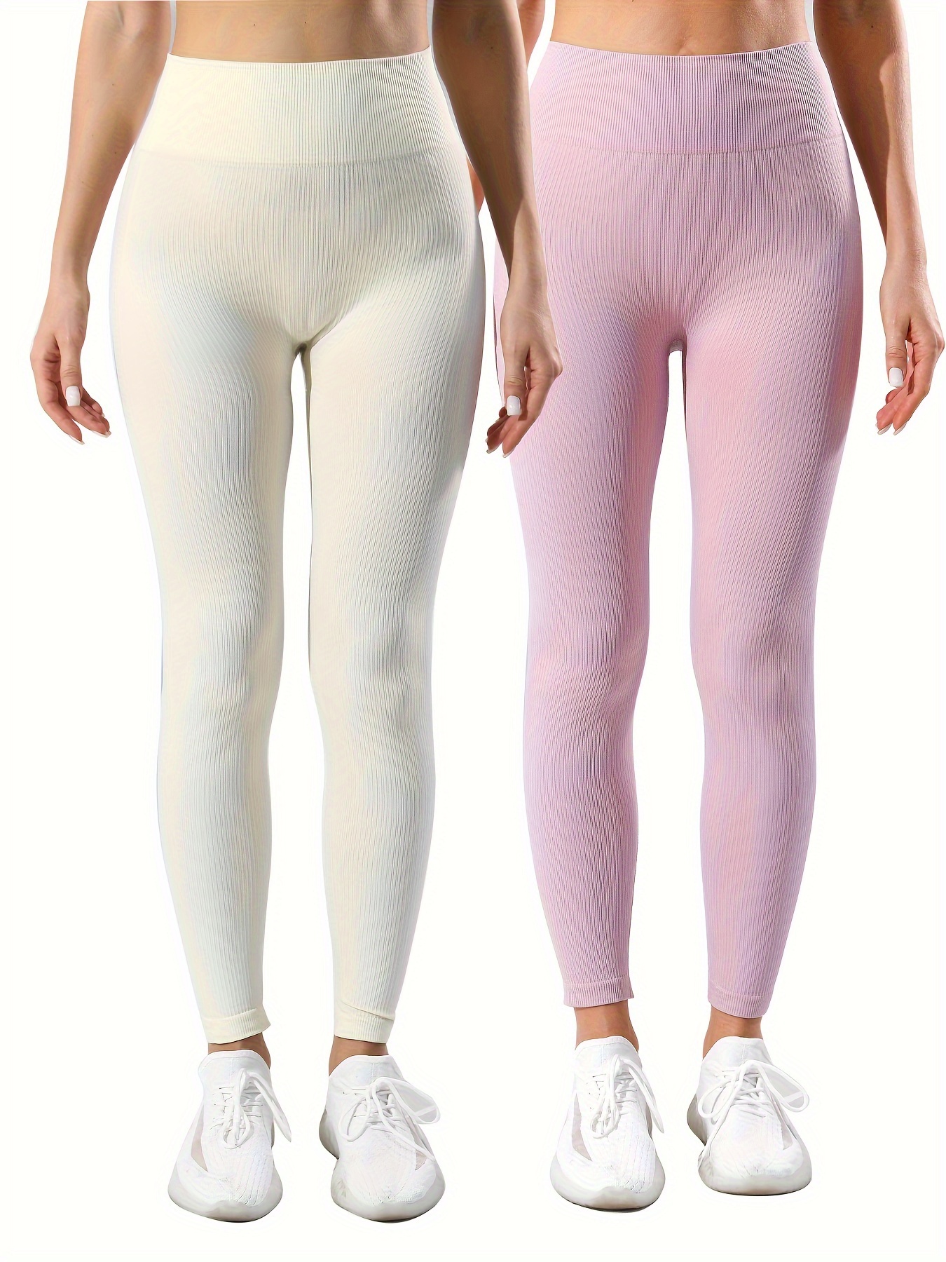 2pcs Pantalones De Yoga De Cintura Alta Acanalados Para Mujeres, Leggings De Entrenamiento De Alta Elasticidad De Color Sólido, Ropa Deportiva Para Mujeres