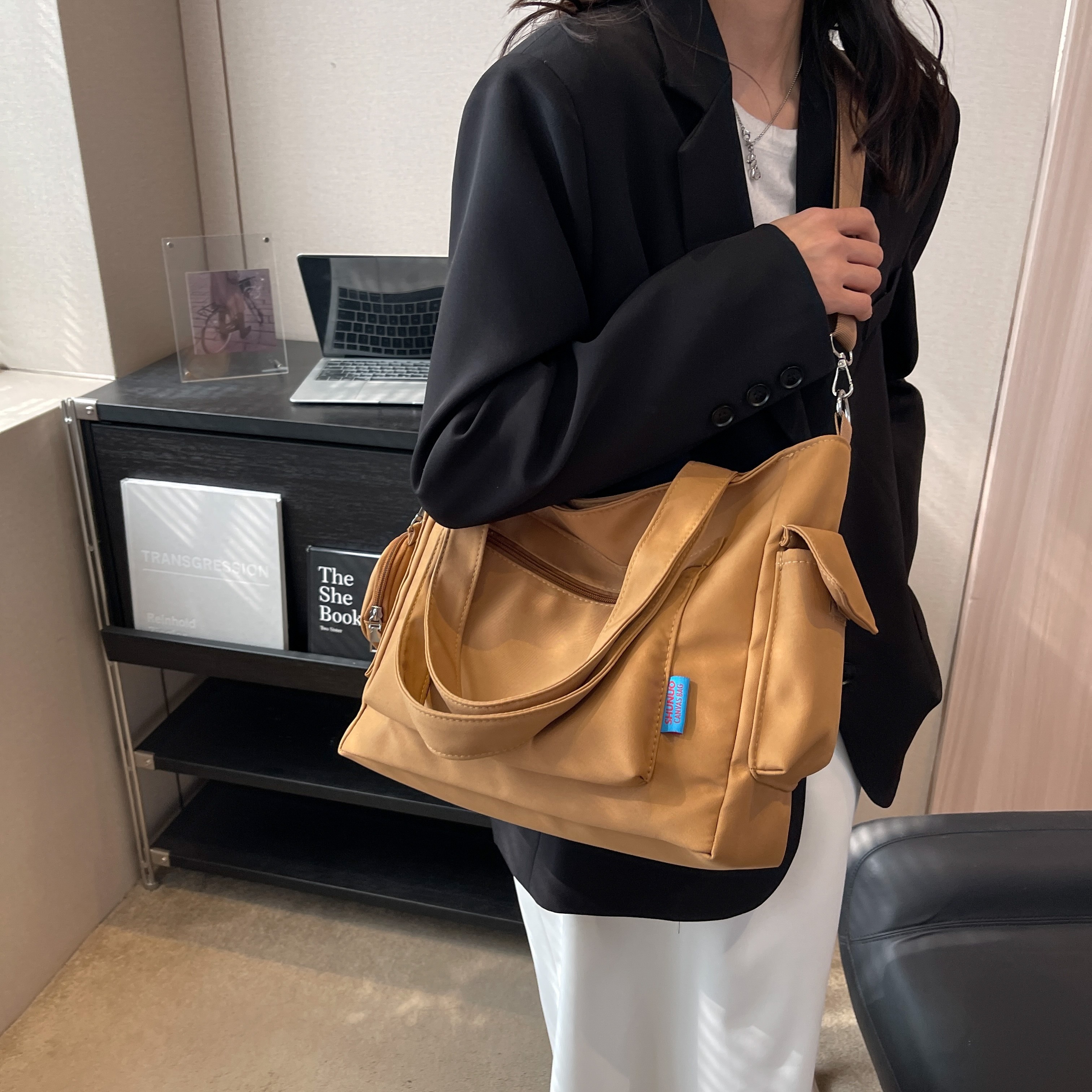 Casual Large Capacity Tote Bag, Nylon Solid Color Shoulder Bag, Crossbody  Bag With Round Coin Purse - Temu