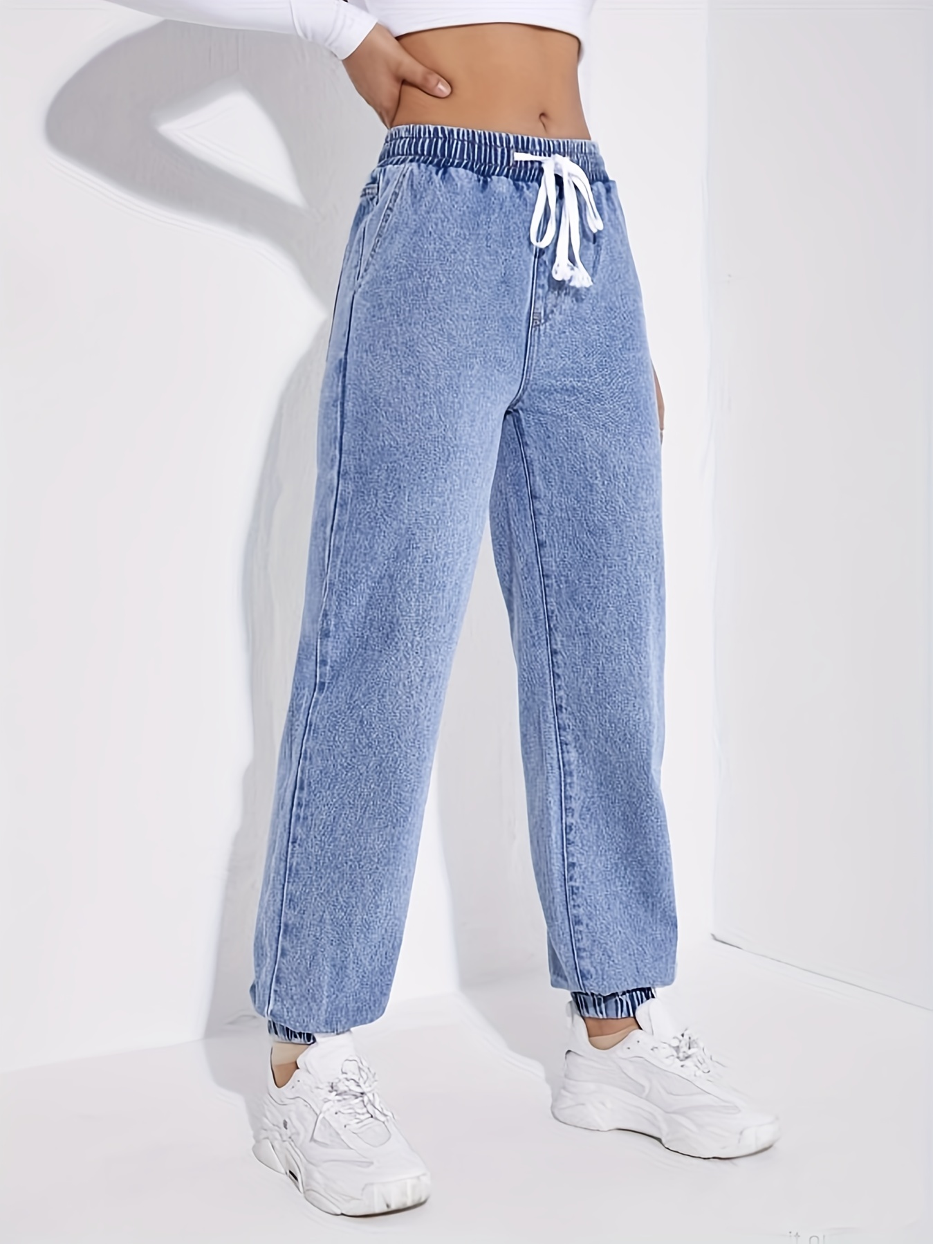 Blue Drawstring Elastic Waist Jogger Pants, Straight Legs Slant Pockets  Washed Denim Trousers, Women's Denim Jeans & Clothing