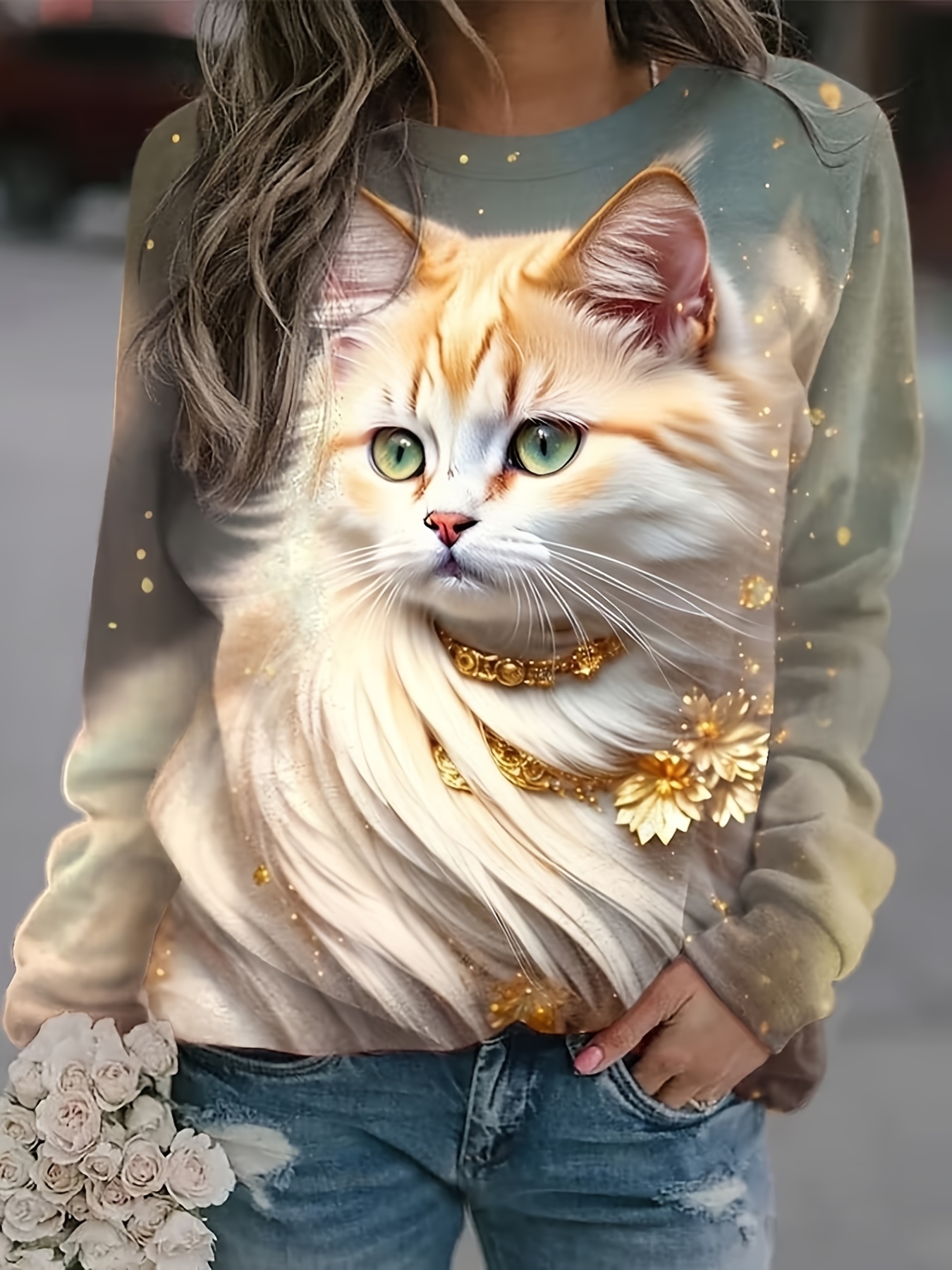 Cute Cat Print Sweatshirt Casual Long Sleeve Crew Neck - Temu Philippines