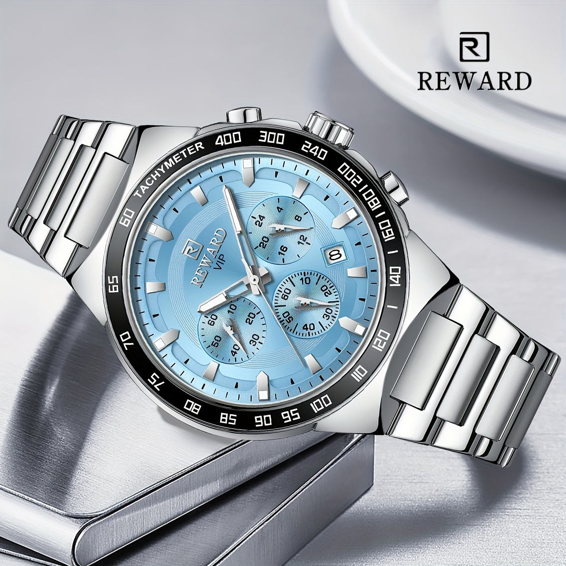 

Hot Sale Reward Vip Ice -blue Quartz Watches For Men Sport Chronograph Luminous Waterproof Wrist Watches Stainless Steel Wristwatch
