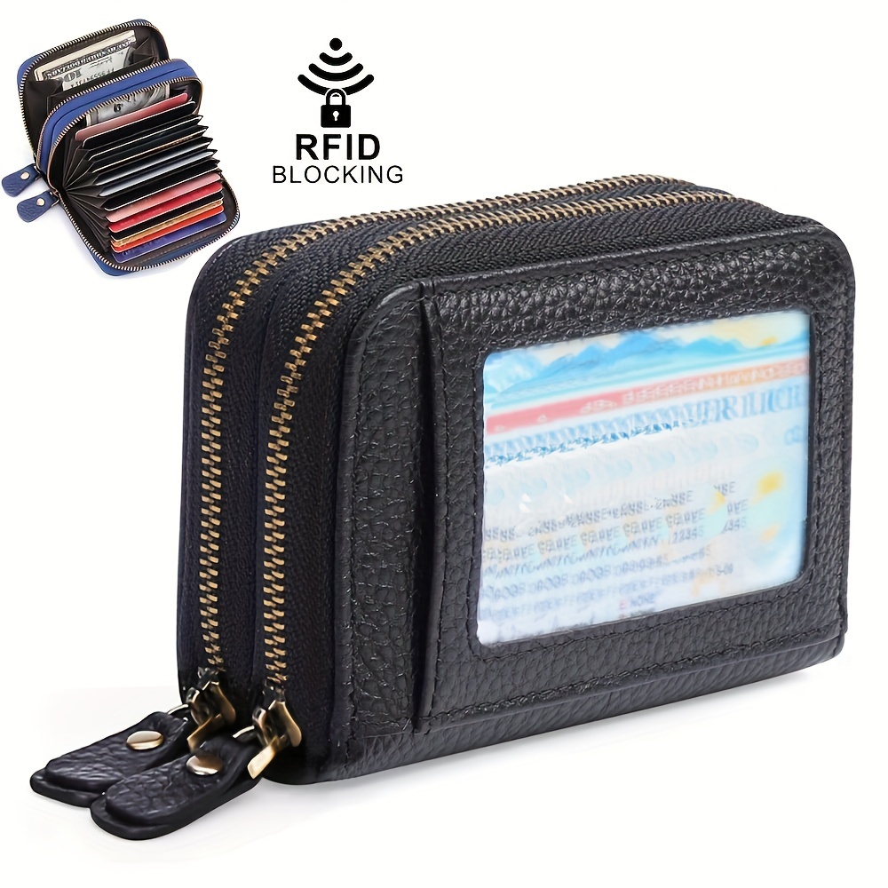 Women's Genuine Leather Credit Card Holder RFID Secure Spacious Cute Zipper Card Wallet Small Purse with ID Window Black