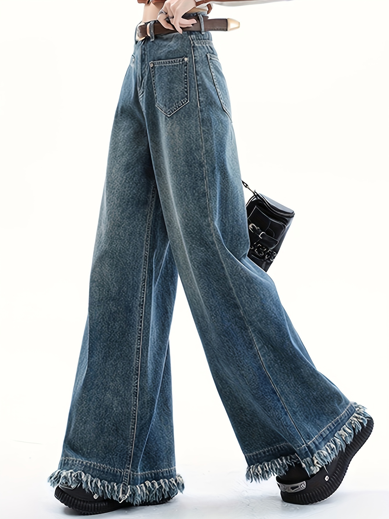 Blue * Hem Baggy Jeans, Loose Fit Retro Style Wide Legs Jeans, Women's  Denim Jeans & Clothing