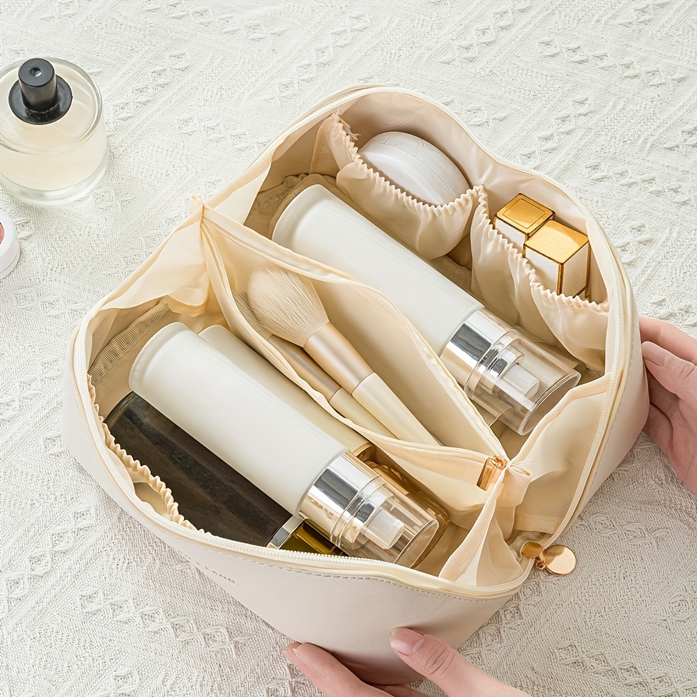 btbfami Travel Makeup Bag,Large Capacity Cosmetic Bags for Women，Portable  PU Leather Waterproof Makeup Organizer Bag With Handle and Divider Flat Lay