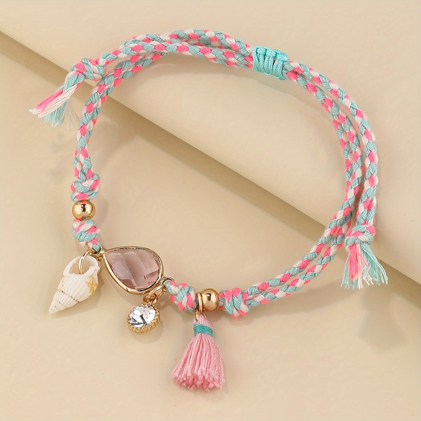 

1pc Conch Tassel Pendant Pink & Blue & White Color Braided Bracelet Simple Style Hand Rope Jewelry