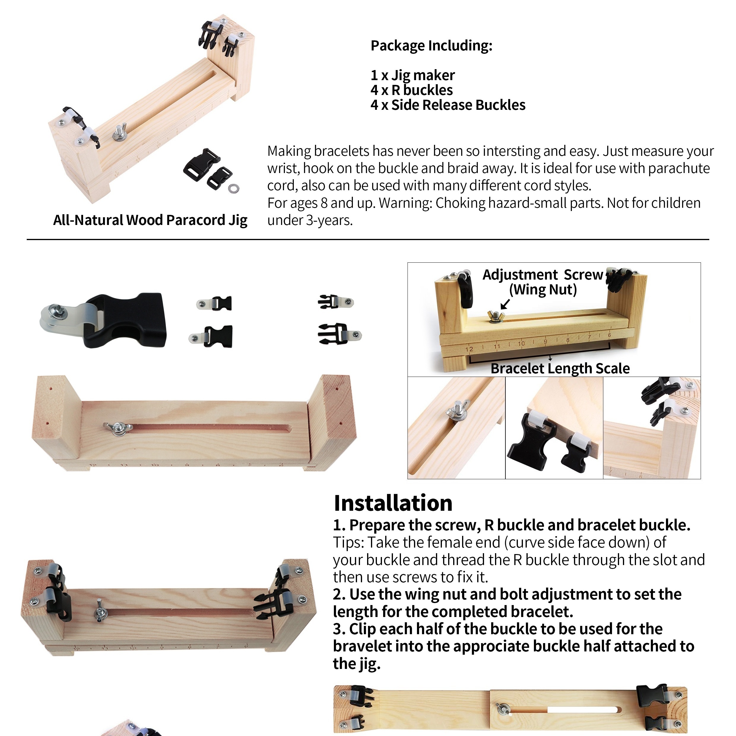 plplaaoo Paracord Bracelet Jig,Adjustable Paracord Jig Bracelet  Maker,Wooden Frame Jig,Wristband Maker Paracord Braiding Weaving DIY Craft  Tool Kit