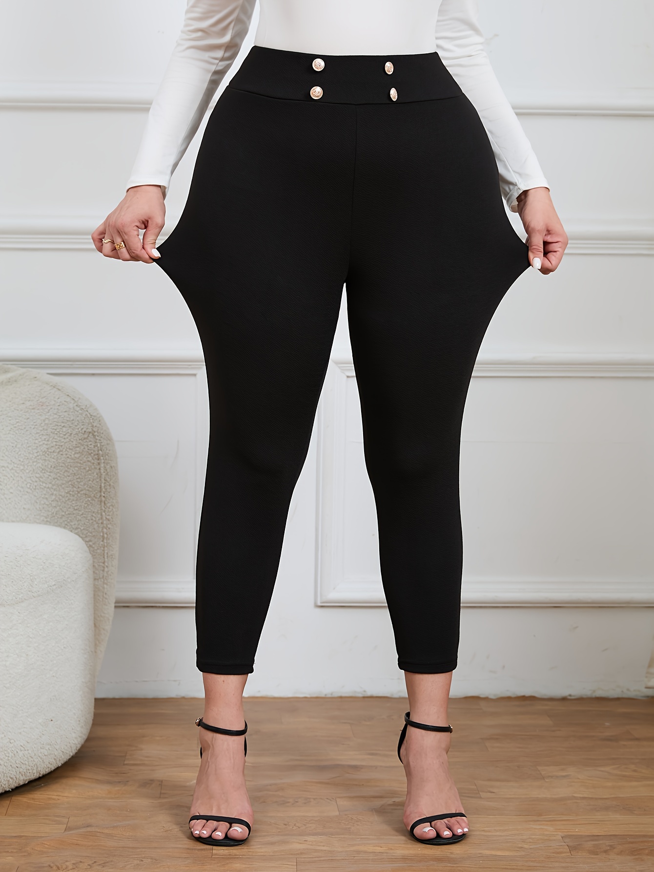 Plus Size Formal Pants Women's Plus Plain Button Decor High - Temu