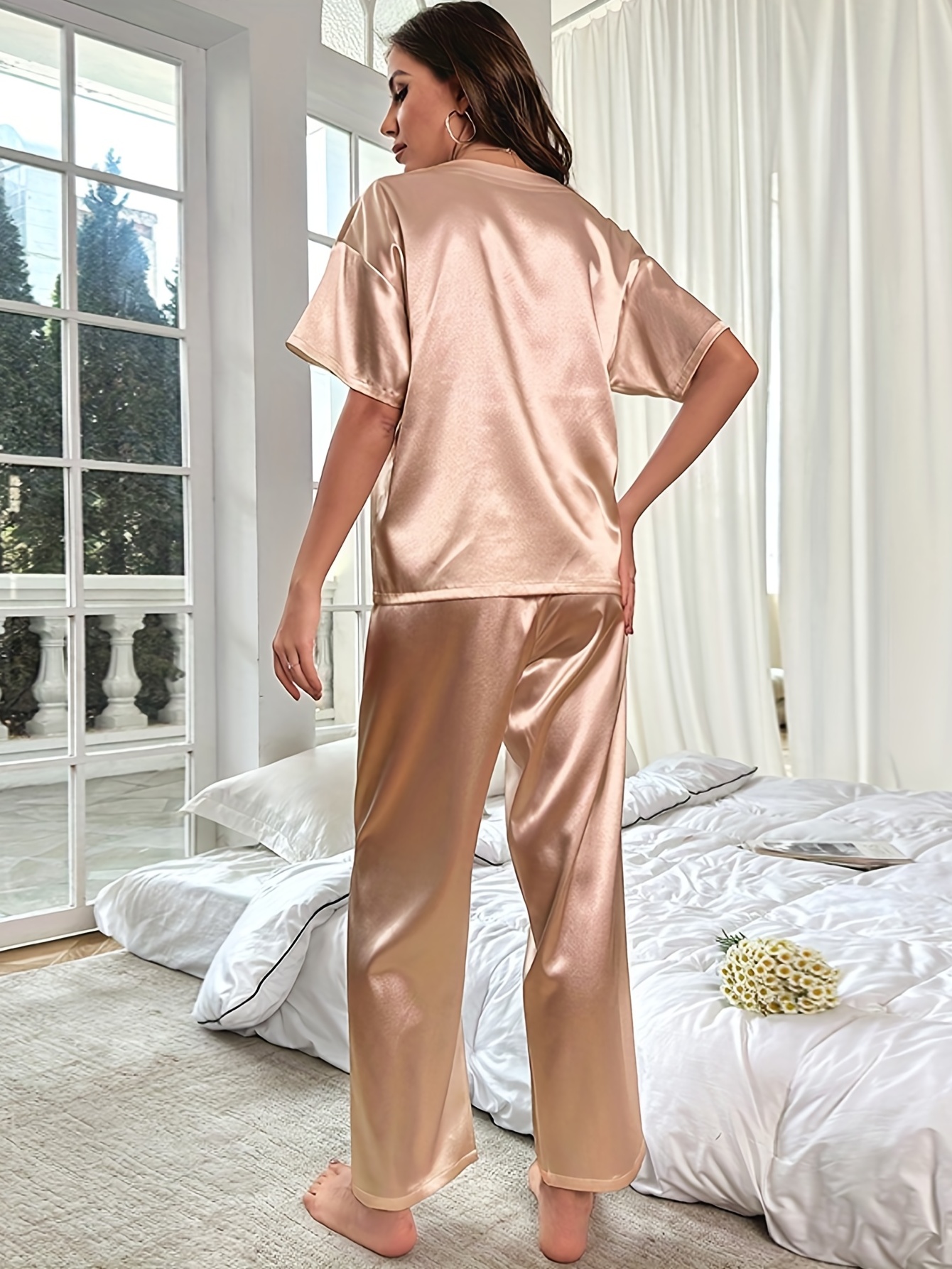 Solid Satin Pajama Set, Crew Neck Short Sleeve Top & Lounge Pants, Women's  Sleepwear & Loungewear - Temu