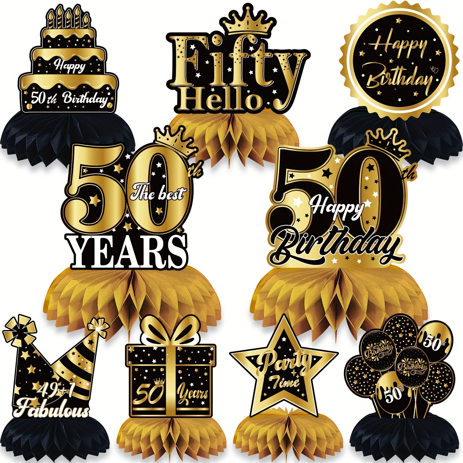  Decoraciones de cumpleaños número 50, centro de mesa de panal  de abeja, suministros de decoración de fiesta de hombre y mujer de 50 años,  decoraciones de panal para hombre y mujer