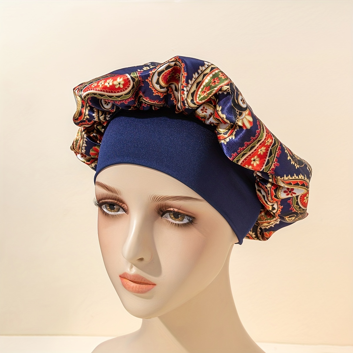 Paisley Print Satin Bonnet Navy Blue Casual Elastic Hair - Temu Netherlands