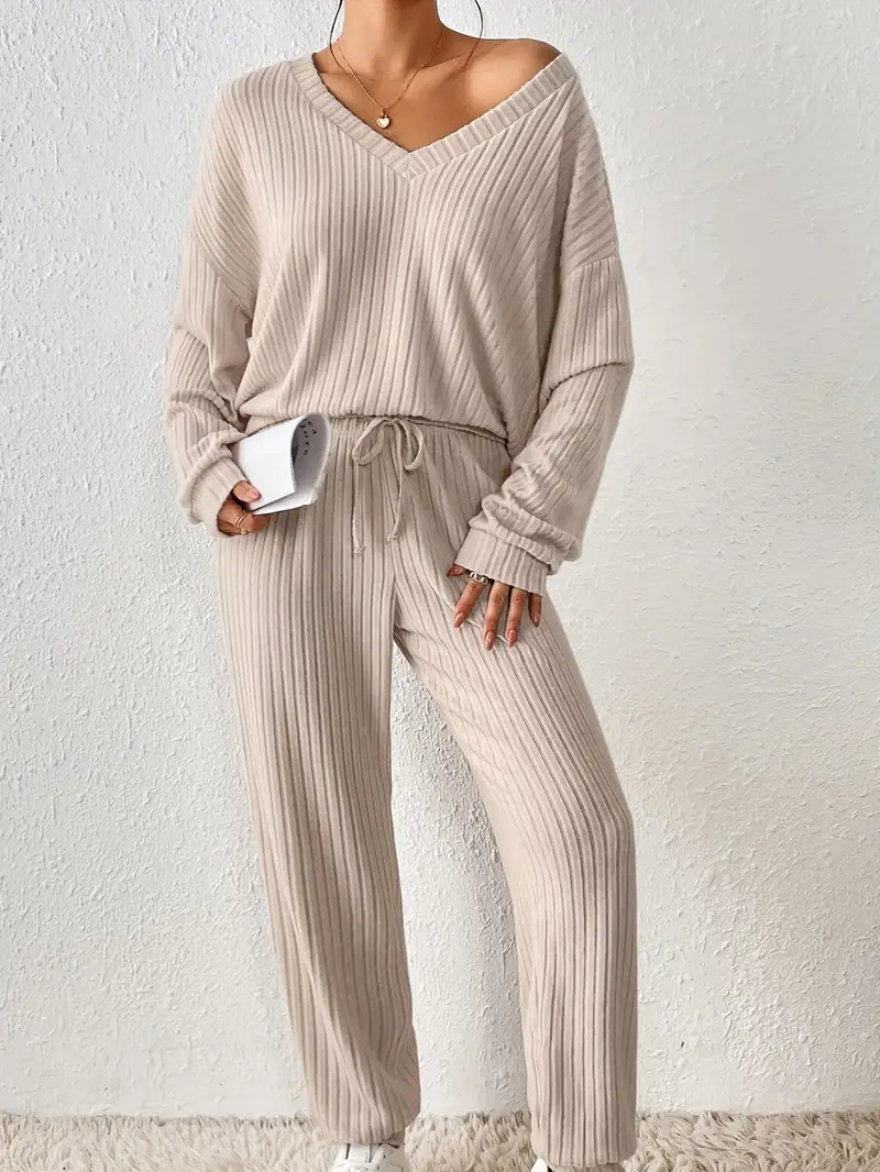 Solid Ribbed Lounge Set Casual Long Sleeve V Neck Top Pants - Temu Canada