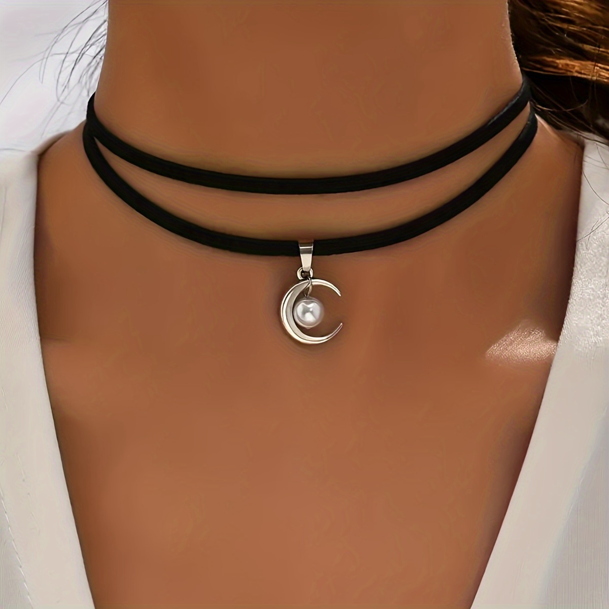 

Simple Double Layer Faux Pearl Moon Pendant Choker Necklace Female Jewelry Gift For Eid, Ramadan