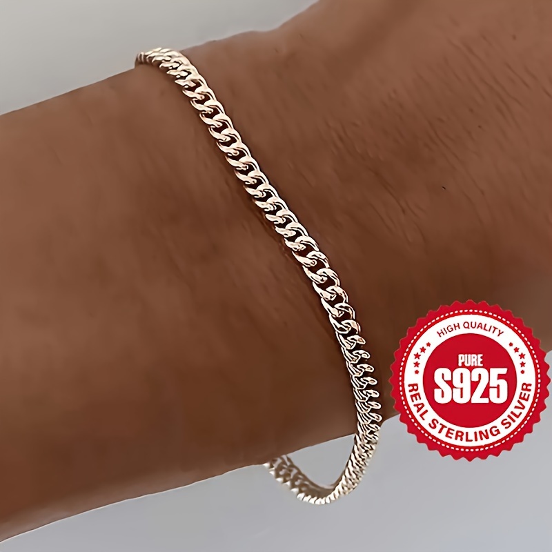 

925 Sterling Silver Women's Cuban Chain Bracelet Silver Color Simple Chain Hand Jewelry Urban Fashion Ornament