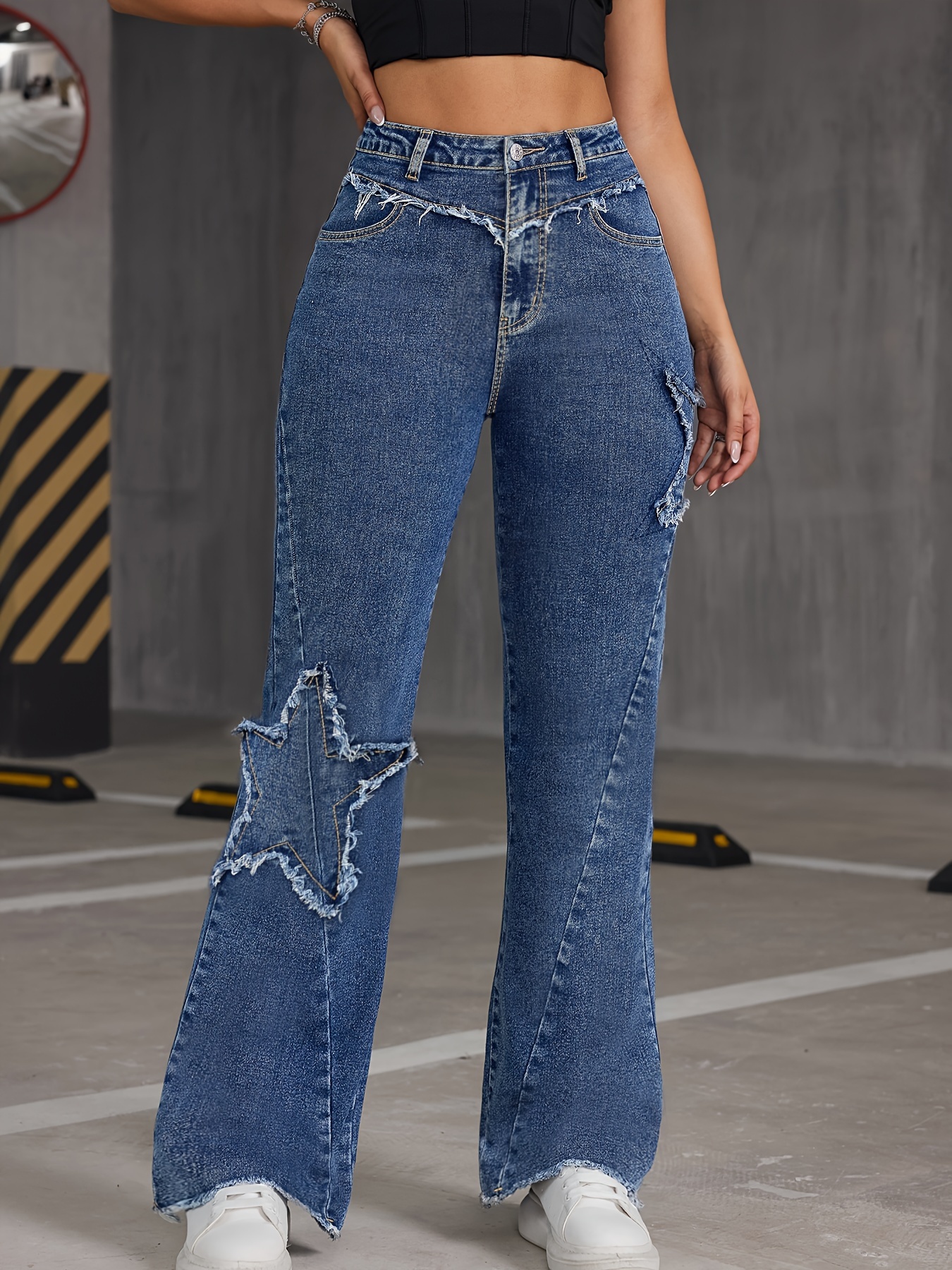 Blue Floral Embroidered Flare Jeans, High Waist Slant Pockets High Stretch  Bell Bottom Jeans, Women's Denim Jeans & Clothing