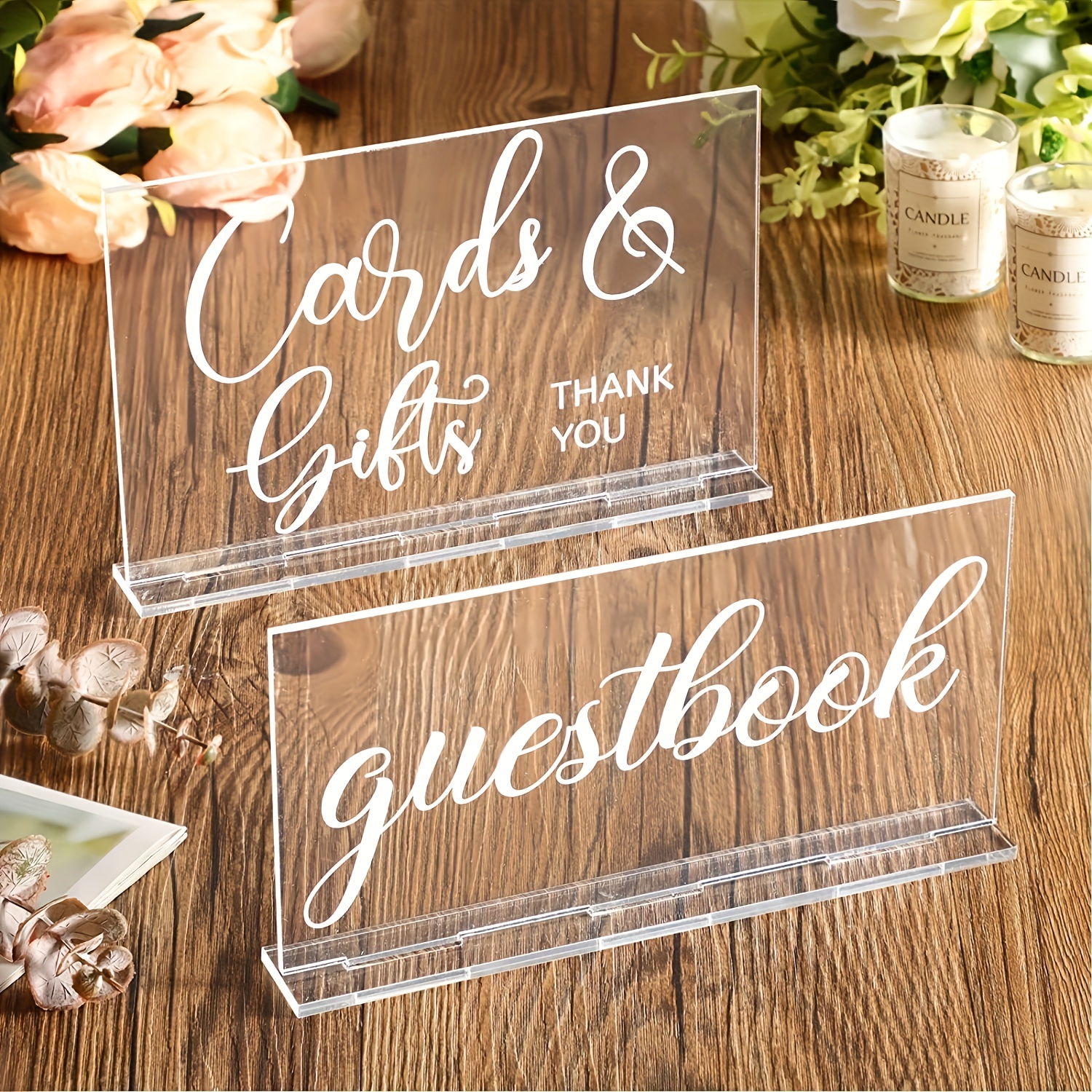 

2pcs, Acrylic Favors Sign Acrylic Wedding Reception Sign Guest Book Sign Cards, Stand Rustic Farmhouse Hanging, Cabin Beach Party Home Decor, 2 Styles (white Printing), Wedding Decor, Wedding Supplies