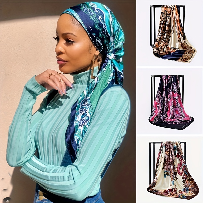 Paisley Print Hijab Boho Elegant Square Scarf Satin Bandana Vintage  Windproof Turban Head Wrap Casual Shawl Women Travel Beach Towel