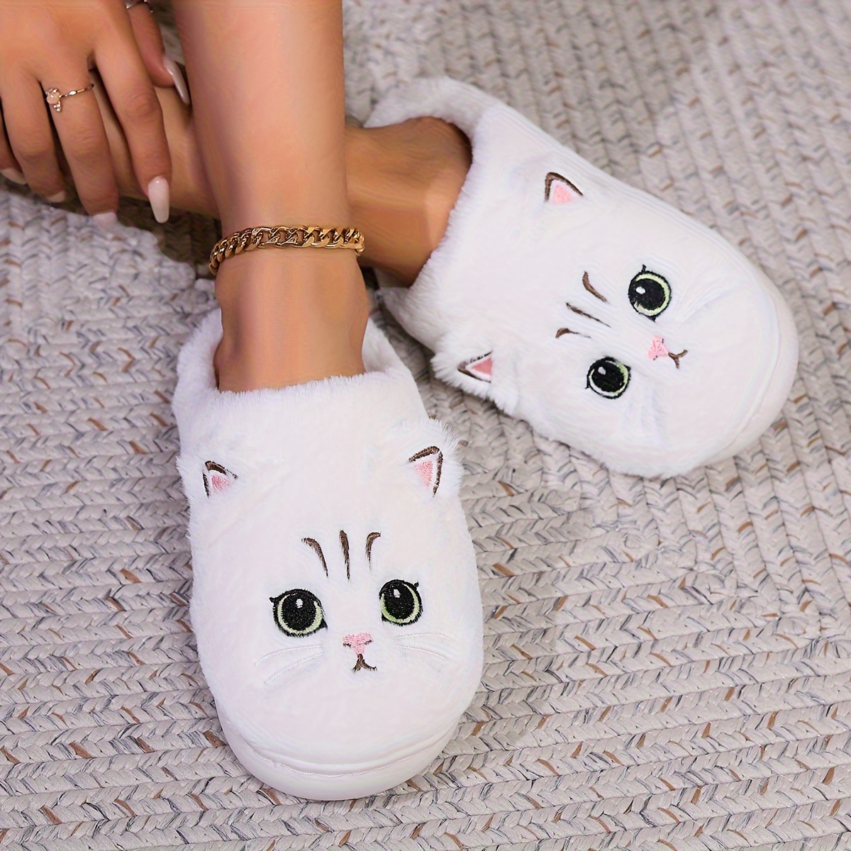 kawaii cartoon cat winter fuzzy slippers soft sole plush details 16