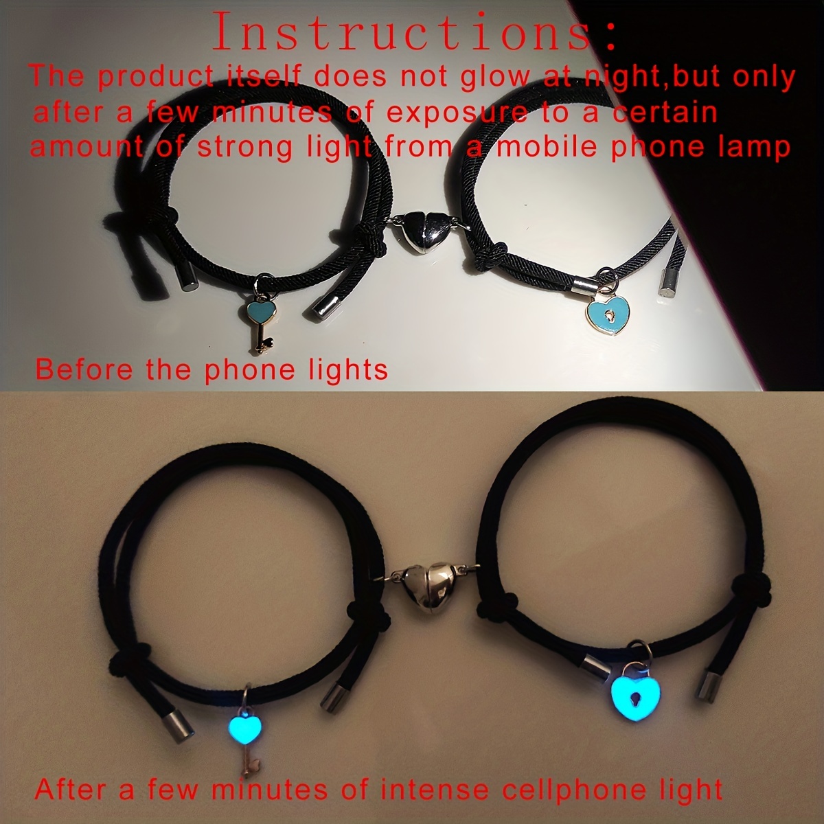 Luminous Lock and Key Couple Bracelet, Magnetic Suction