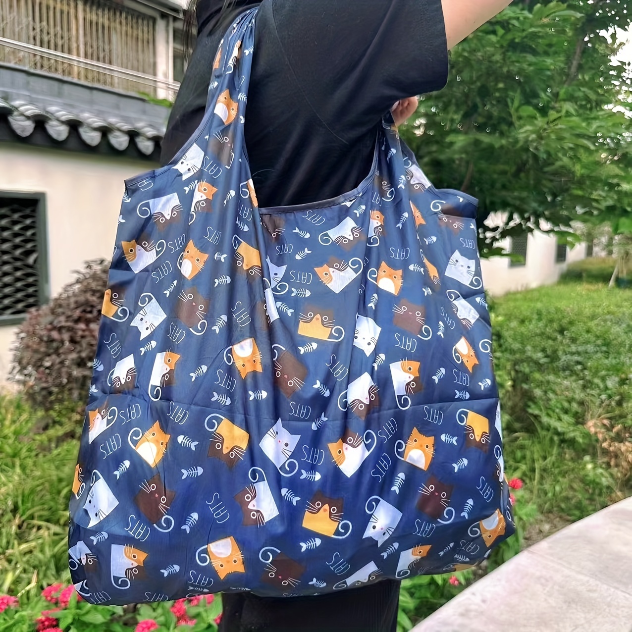 

Large Capacity Cartoon Cat Pattern Shoulder Bag, Lightweight Versatile Shopping Grocery Handbag For Women