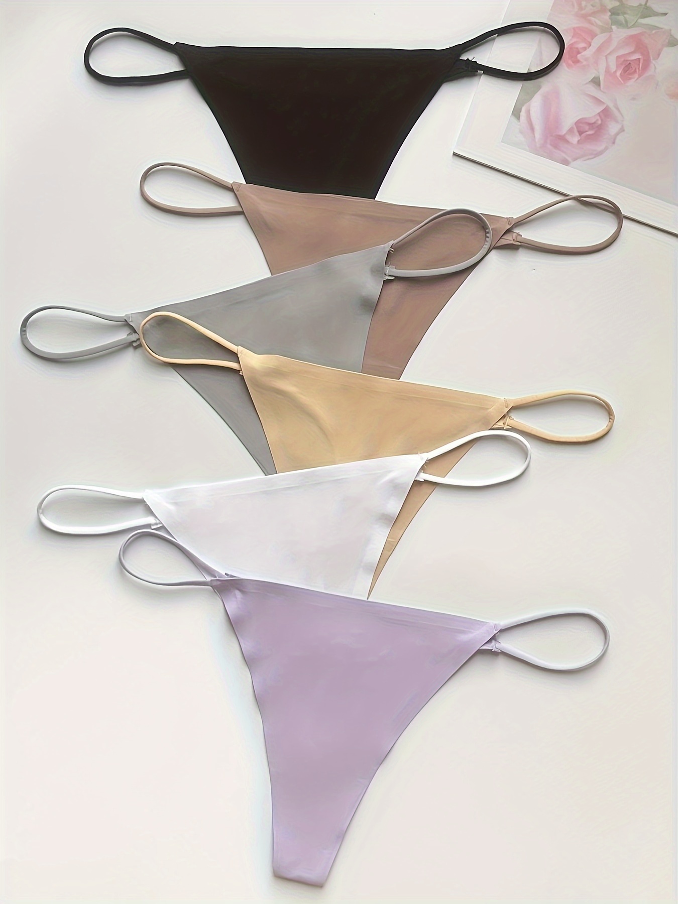 6pcs Simple Solid Thongs, Soft & Comfy Stretchy Intimates Panties, Women's  Lingerie & Underwear