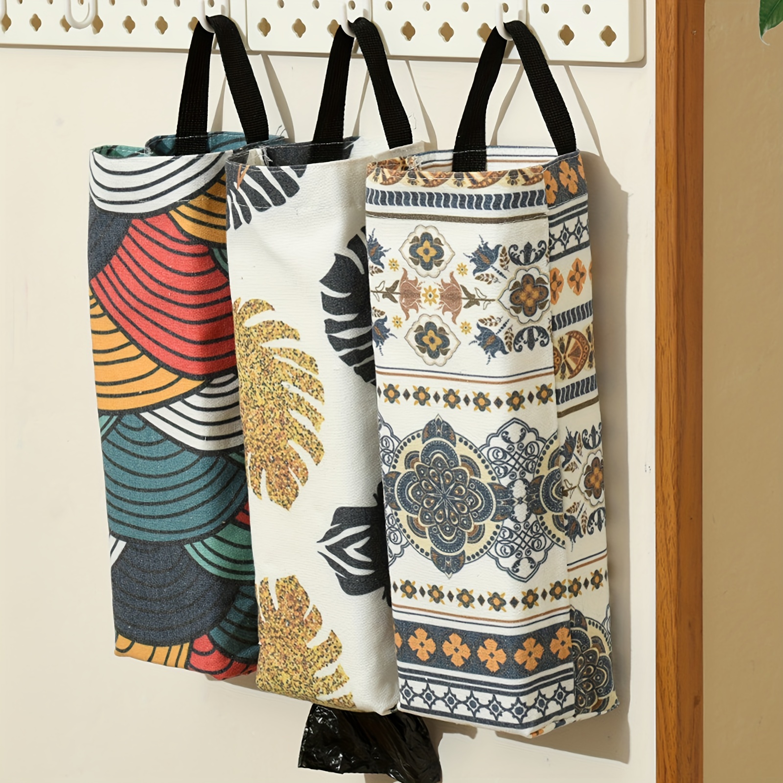 Kitchen Plastic Bag Holder, TSV 2Pcs Hanging Storage Bag Dispenser,  Foldable Mesh Grocery Bag Organizer, Black
