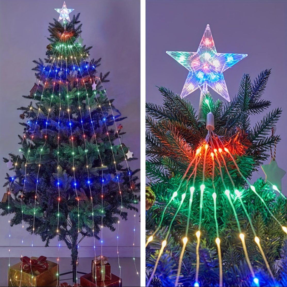 Christmas Tree Waterfall Lights, Outdoor Waterproof Yard Decorations With Remote  Control Led Solar-powered Five-point Star Waterfall Lights, String Lights  Hanging On Christmas Trees And Gardens