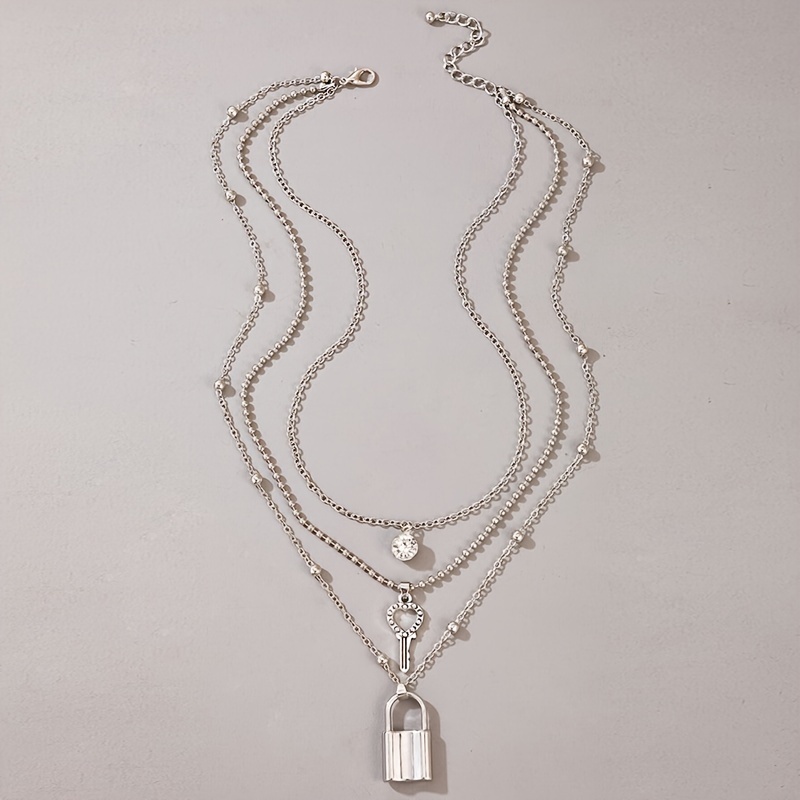 Multi-layered Lock Pendant Necklace Silver