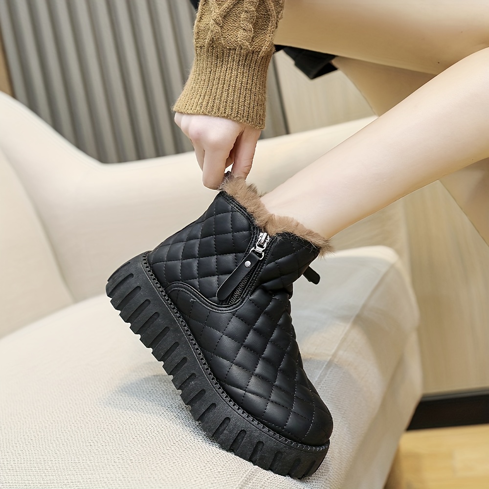 Womens Solid Color Platform Boots Quilted Pattern Slip On Thermal