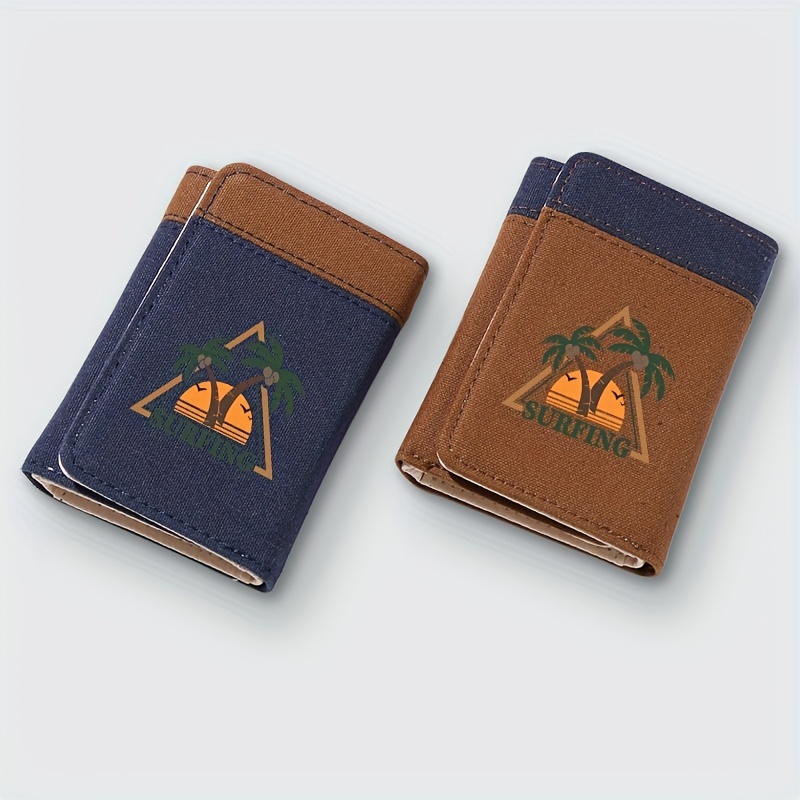 Casual Three Fold Mens Short Wallet English Letter Pattern Printed Canvas  Color Pu Leather Student Niche