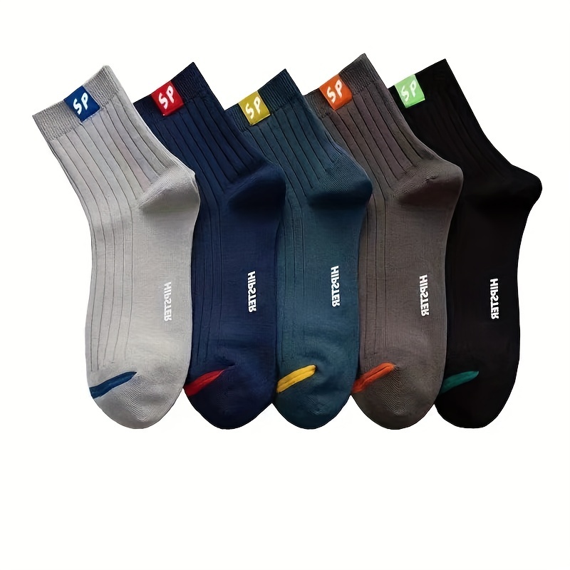 

5pairs Men's Cotton Socks, 'sp' Print Fashion Socks, Thin Sweat-absorbing Breathable Comfortable Crew Socks