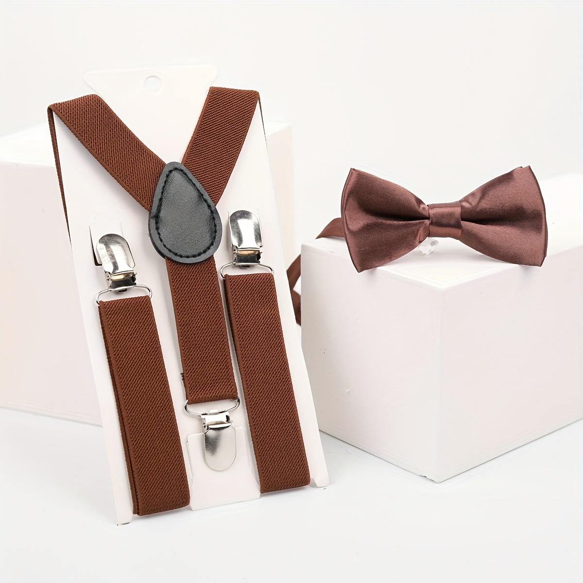 Ensemble Bretelles Et Nœud Papillon Enfant – Bretelles Y élastiques Réglables, Clips, Marron Foncé – Élégant Pour Mariage, Fêtes - 6