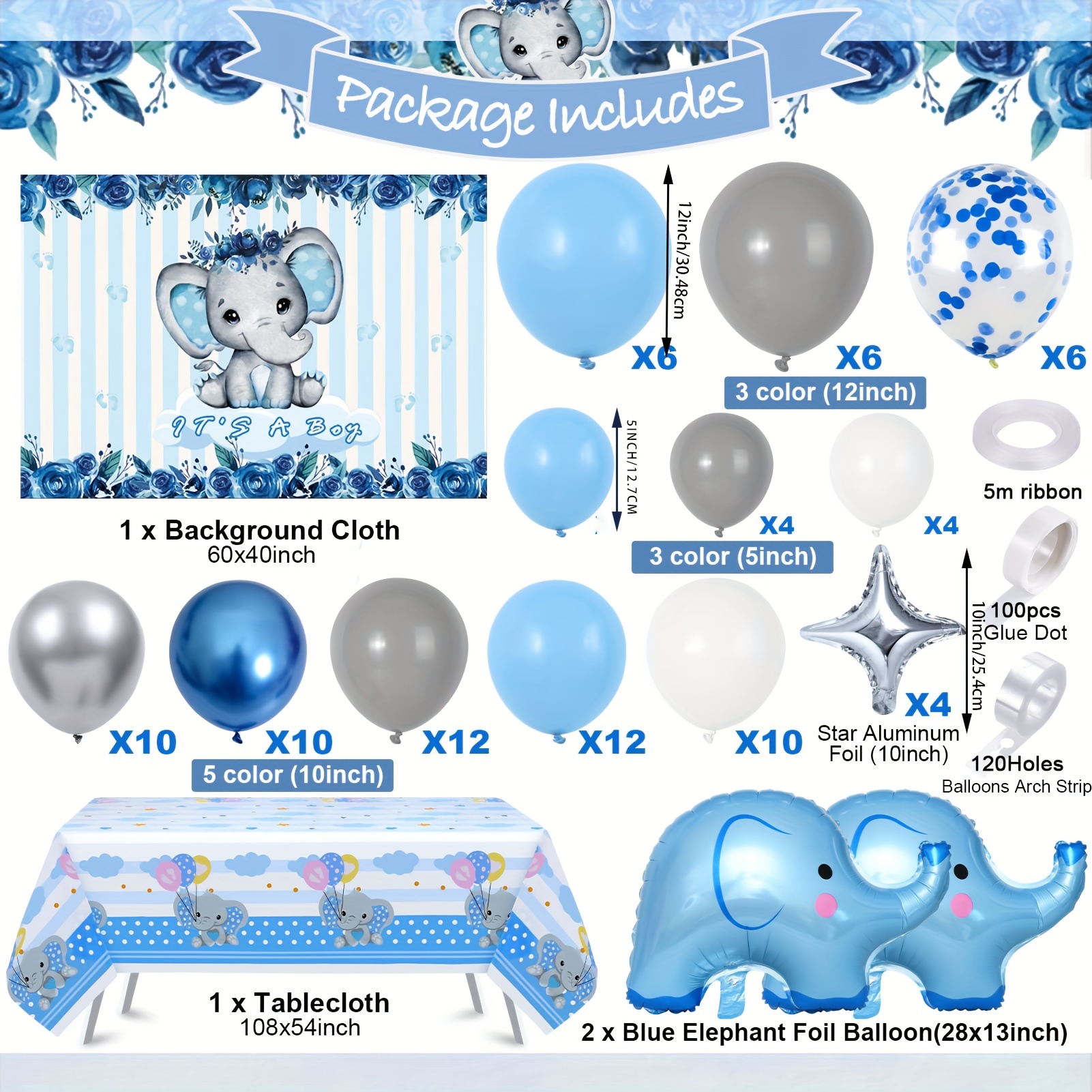 161 piezas de decoración de elefante para baby shower para niños, cajas de  bebé con letras de globos azules, kit de guirnalda de globos azules, mantel
