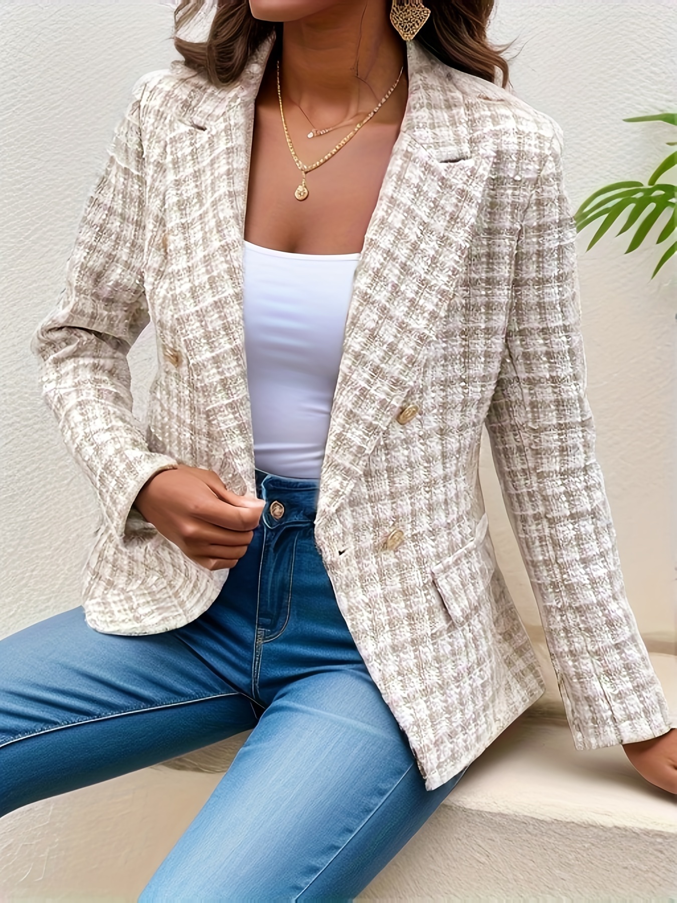 Women Casual Suit Set Slim Fit Plaid Outfits Lapel Open - Temu Canada