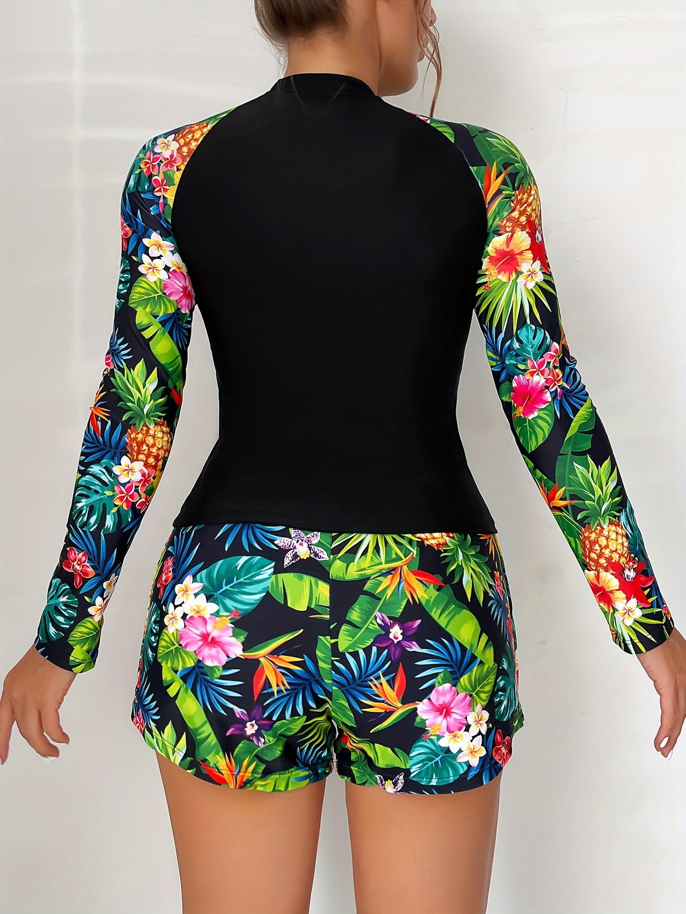 Colorful Tropical Print Long Sleeve Swimsuit Boxer Short - Temu