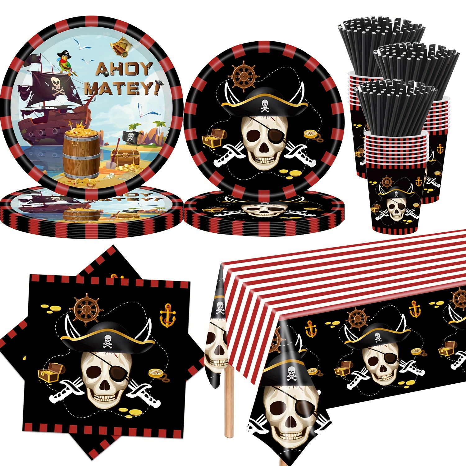 Red Black Skull Pirate Theme Party Gathering Tableware - Temu Australia