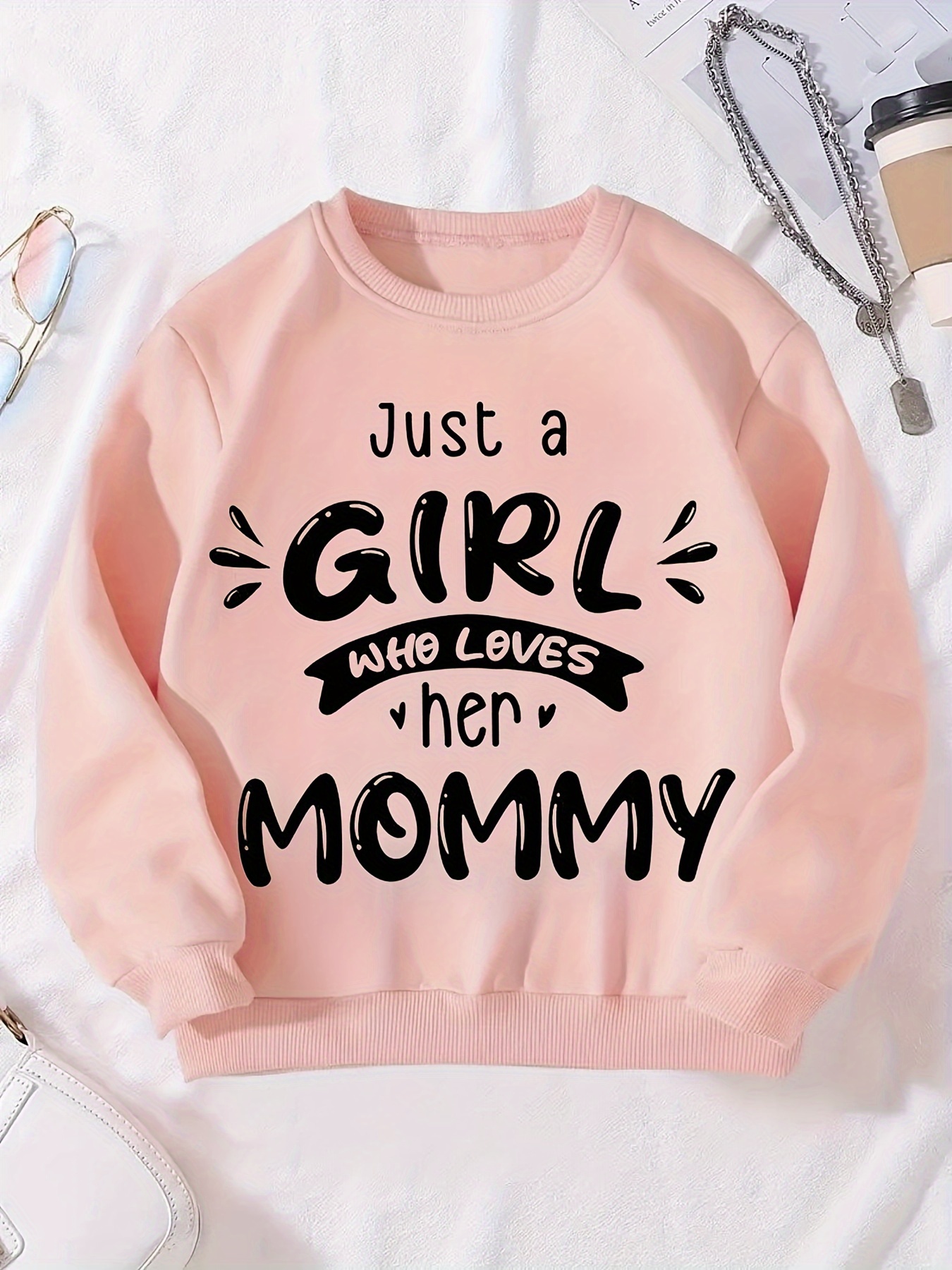 A Girl Loves Mommy Pattern Girls Crew Neck Long Sleeve - Temu