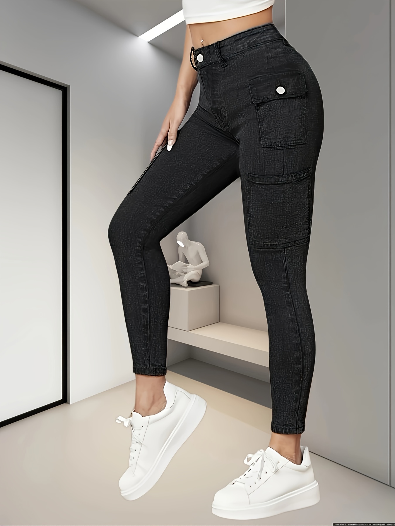 Side Flap Pocket Black Cargo Jeans High Solid Color - Temu Australia