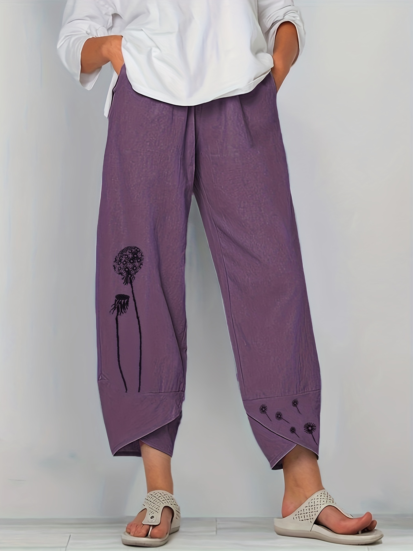 Womens Summer Pants Casual Women's Cotton Linen Drawstring Elastic Waist  Loose Wide Baggy Dress Pants Women (Purple, S)