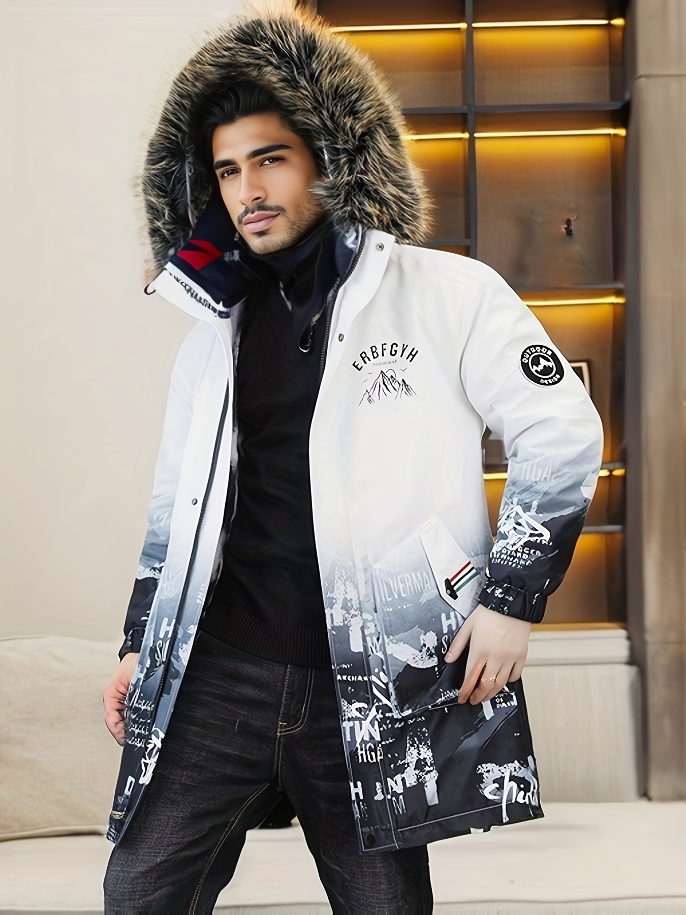 Men's Casual Mountain Print Hooded Warm Thick Jacket Chic - Temu