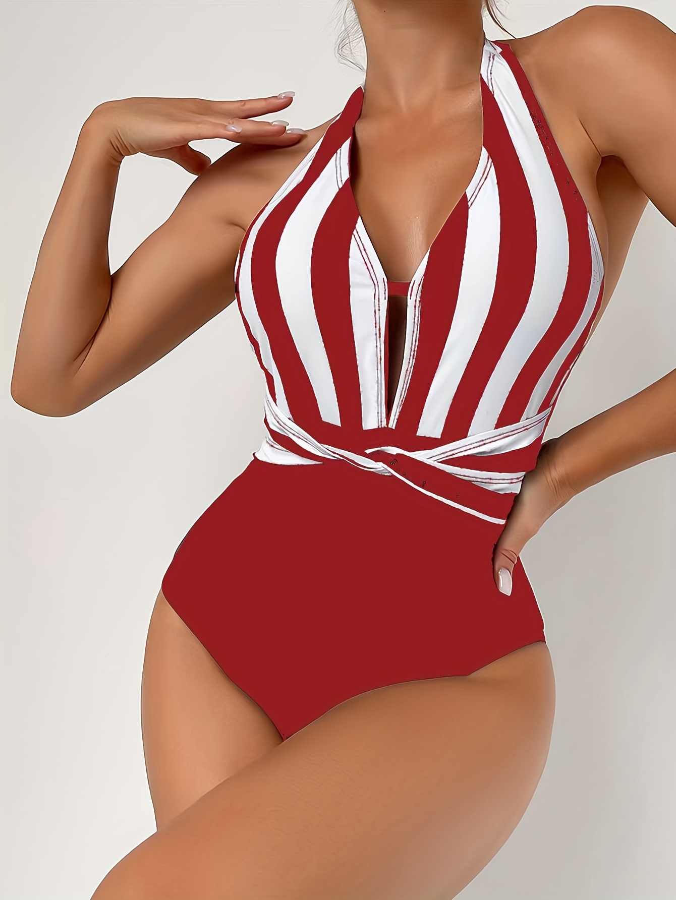 Striped Halter Red White Retro Swimsuit Backless - Temu Canada