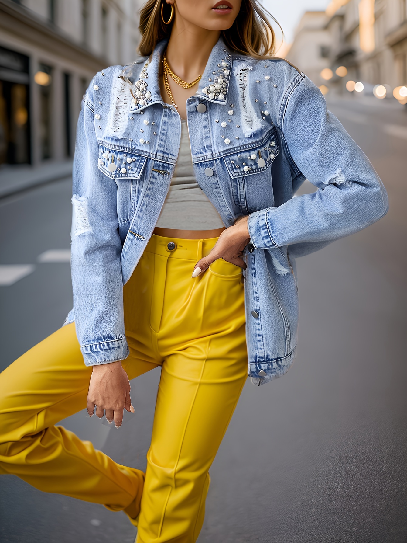 Faux Pearl Studded Denim Jackets Long Sleeves Ripped Holes - Temu