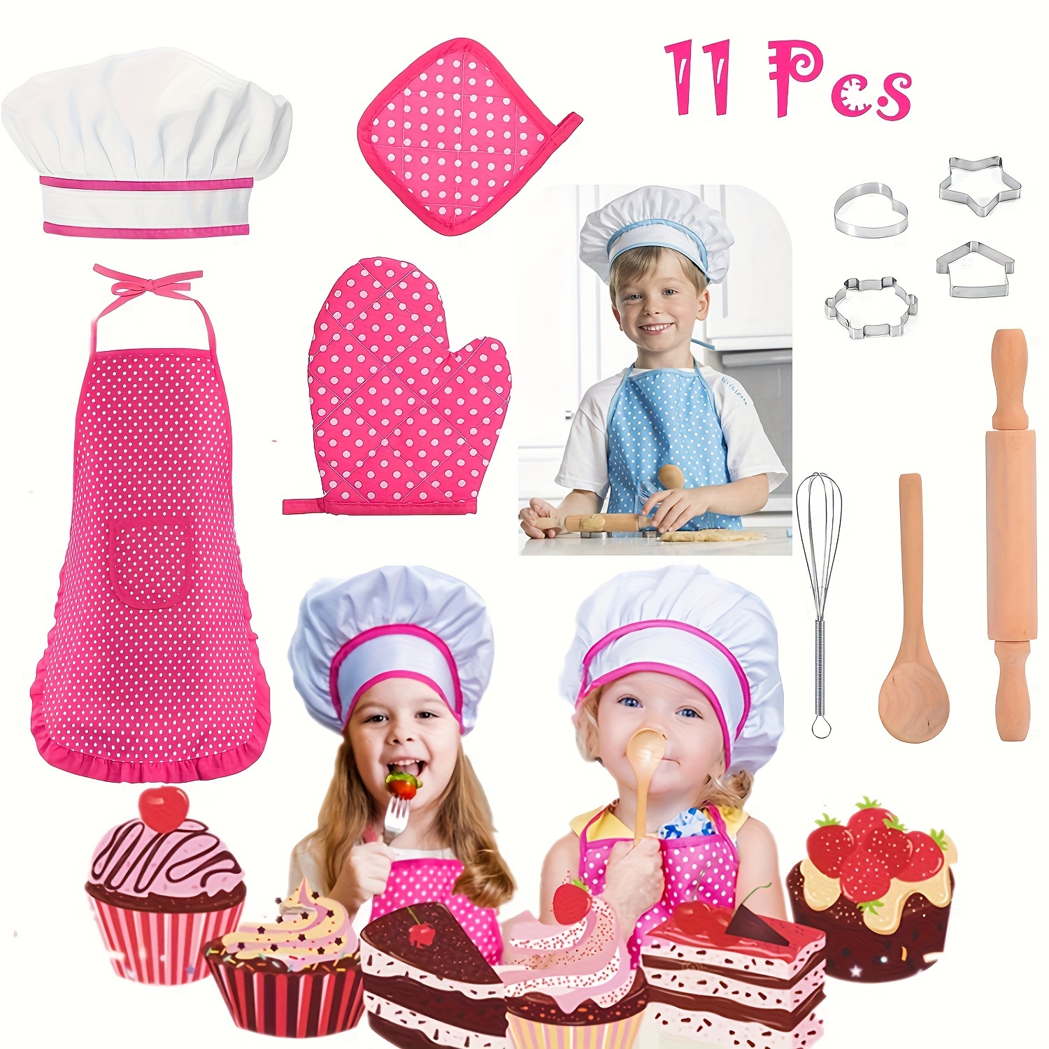 Kids Cooking & Baking Set with Storage Case, Montessori Kitchen Tools Set  for Toddlers with Chef Hat, Apron,Toddler Safe Knife, Mold & More, Real