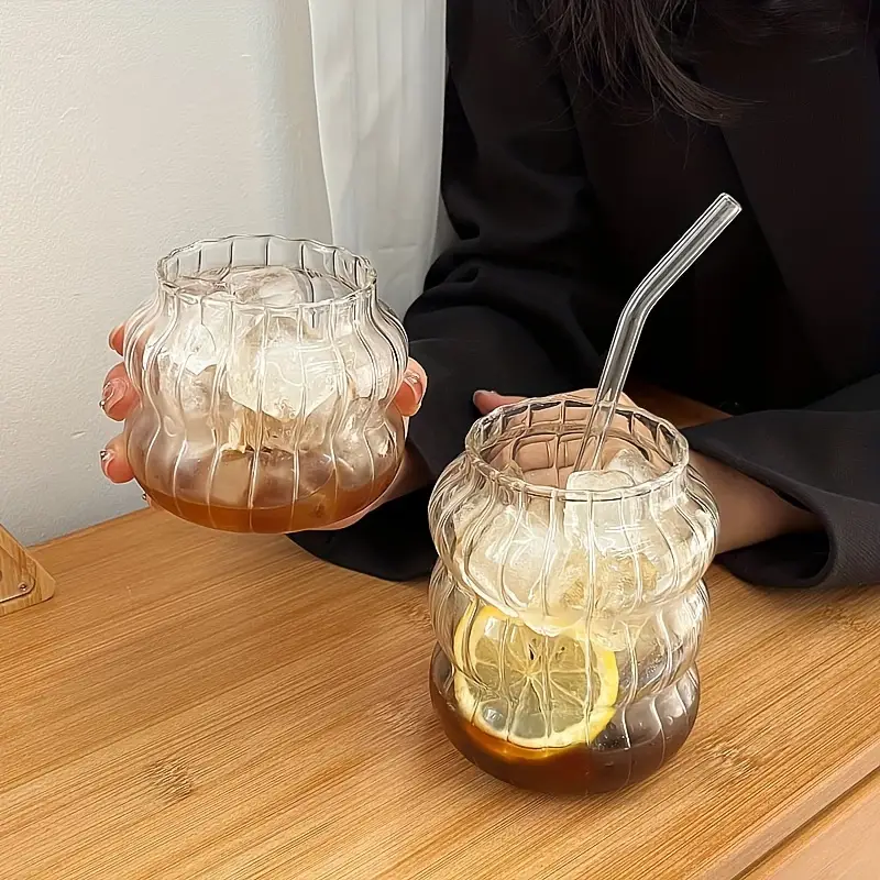 Unique Glass Water Cup, Vertical Stripe Fruit Tea Cup With Straw, Cold  Drink/coffee Cup For Outdoor Camping, Party, Gym Fitness - Temu